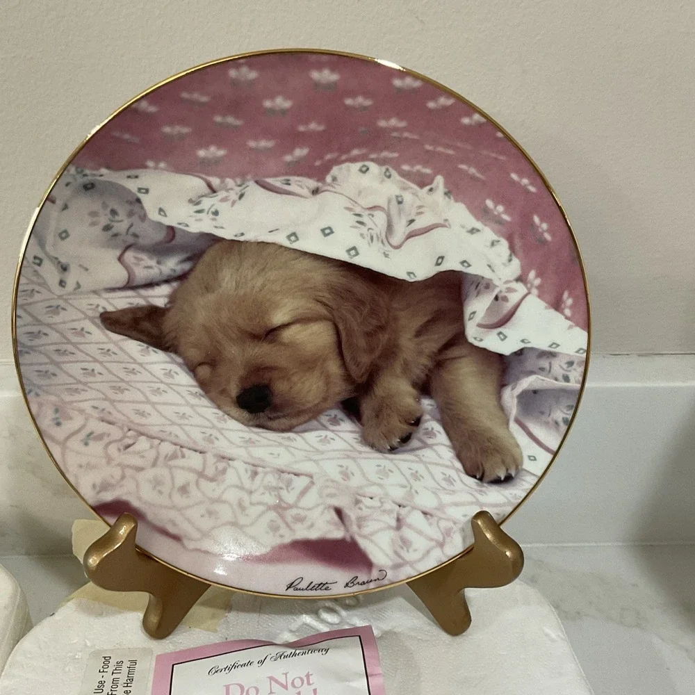 VTG Golden Puppies Collector Plate Dog Portrait Decorative Wall Plate Gold Rim